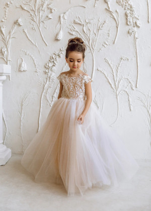 Cap Sleeves Lace Tulle Flower Girl Dress With Train